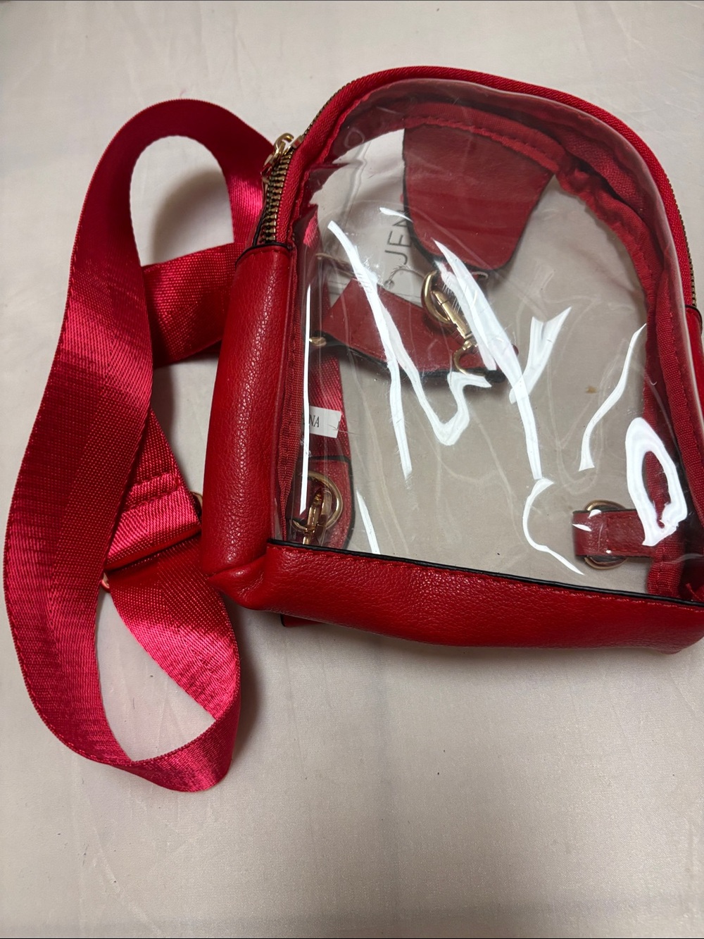 Jen & Co. Clear Plastic Cross-body Backpack Bag Red Vegan Trim NWT